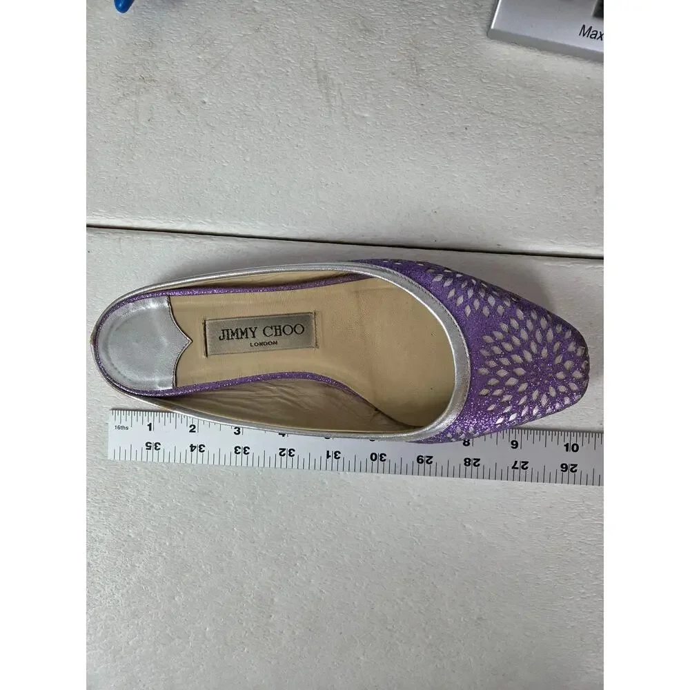 Jimmy Choo Slip On Backless Flats Silver Sparkle Designer 37 1/2 Floral Metalic - Picture 9 of 13